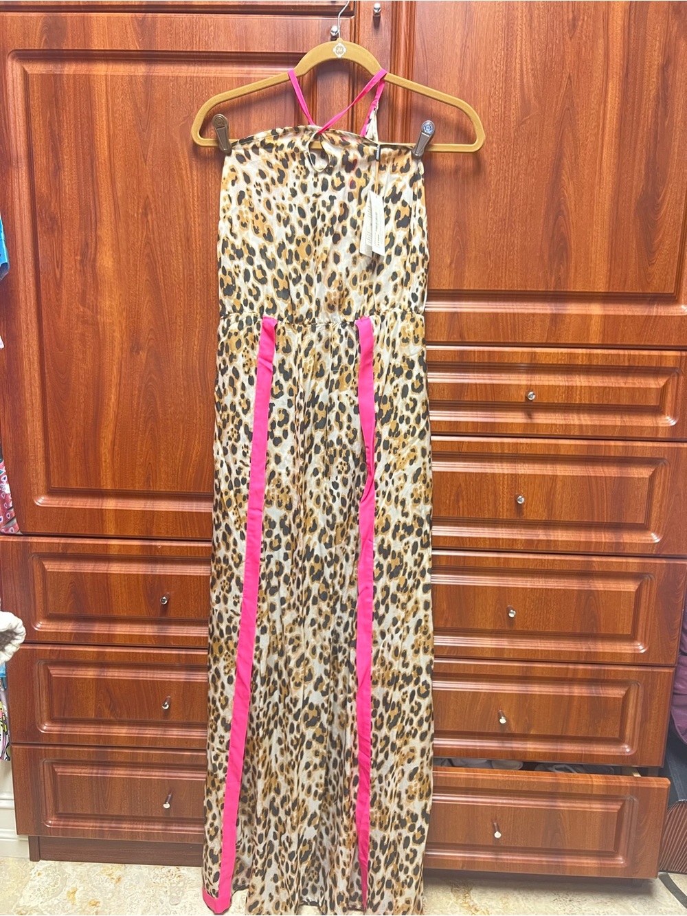 Leopard Print Maxi Dress with Hot Pink Trim